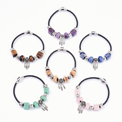 Natural Gemstone Beads Cord Bracelets, with Brass Findings, Flower with Leaf