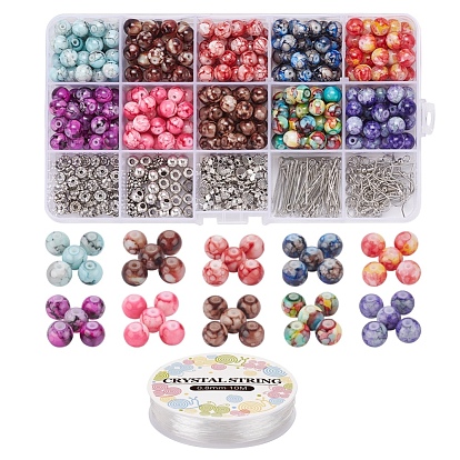 DIY Jewelry Earring Making Kits, Including Baking Paint Glass Beads, Tibetan Style Alloy Beads, Iron Earring Hooks & Open Jump Rings & Pins & Rhinestone Spacer Beads, Elastic Crystal Thread