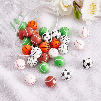 60Pcs 15mm Silicone Beads Sports Silicone Beads Bulk Basketball Soccer Tennis Baseball Rugby Volleyball Silicone Beads Kit for DIY Jewelry Making Craft