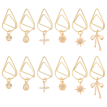 12 шт. 6 стиль цветок/снежинка/бантик из латуни микро-цирконий закладки-подвески, скрепки из нержавеющей стали в виде капель