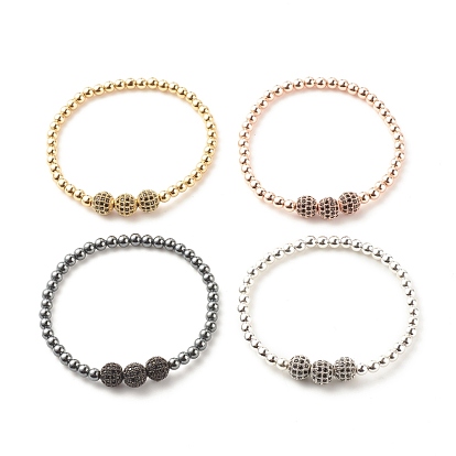 4Pcs 4 Color Synthetic Hematite Round Beaded Stretch Bracelets Set with Cubic Zirconia, Gemstone Jewelry for Women