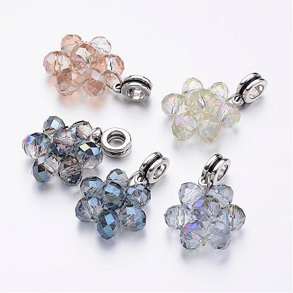 Glass European Dangle Charms, Flower, with Tibetan Style Alloy Tube Bails, Antique Silver