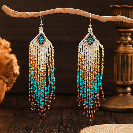 Серьги-кисточки из ромбовидного стекла ручной работы, богемный стиль, платина