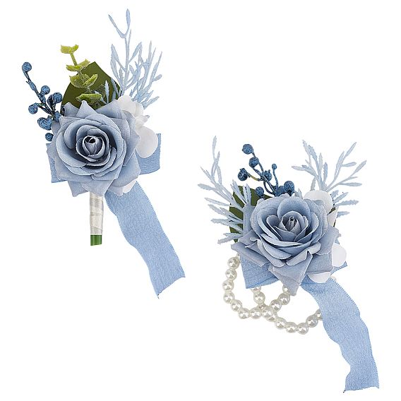 2 шт. 2 стили шелковая ткань имитация розы корсаж на запястье, с абс пластмассовыми жемчужными бисером, ручной цветок для невесты или подружки невесты, свадьба, партийные украшения