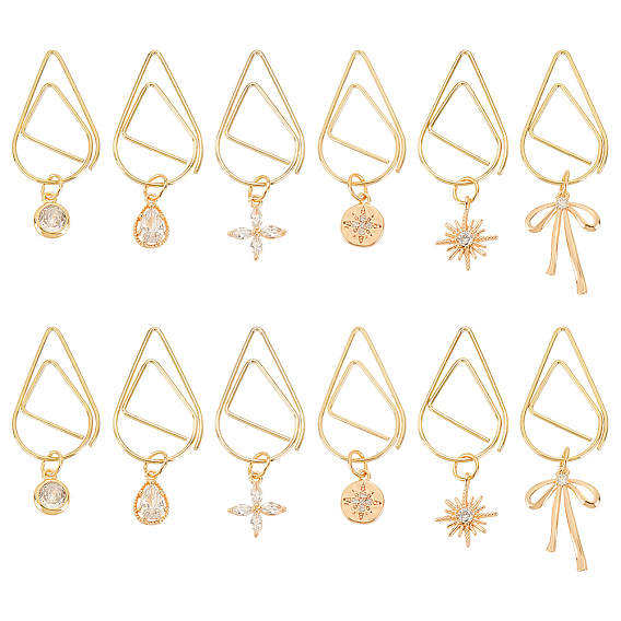 12 шт. 6 стиль цветок/снежинка/бантик из латуни микро-цирконий закладки-подвески, скрепки из нержавеющей стали в виде капель