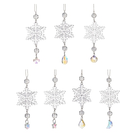 Snowflake Acrylic Hanging Ornaments, Glass Moon & Teardrop & Cross Charms Tassels Suncatchers for Home Garden Window Ornaments