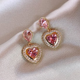 Серьги-подвески из сплава и стразов, сердце со слезой