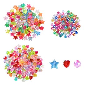 350pcs 3 style perles acryliques et plastiques transparentes, coeur et étoile et rond