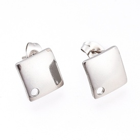 201 Stainless Steel Stud Earring Findings, with Ear Nuts and 304 Stainless Steel Pin, Rhombus