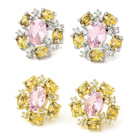 Flower Brass Micro Pave Cubic Zirconia Stud Earrings, Long-Lasting Plated, Lead Free & Cadmium Free