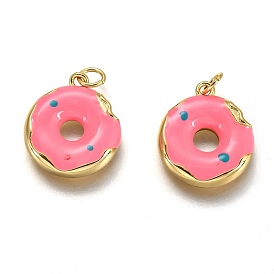  Brass Enamel Pendants, Long-Lasting Plated, Real 18K Gold Plated, with Jump Ring, Imitation Food, Donut Shape