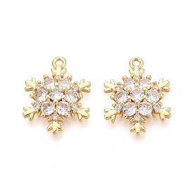 Brass Micro Pave Clear Cubic Zirconia Pendants, Snowflake