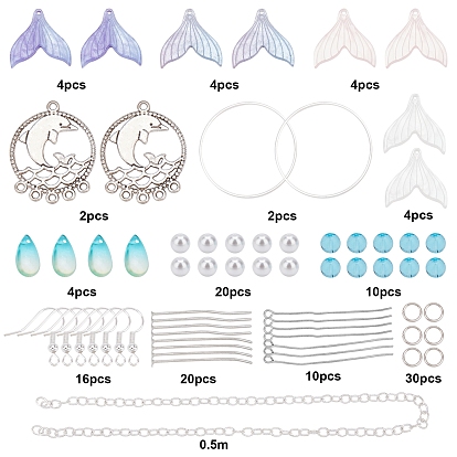 Sunnyclue 131 pièces pendentifs queue de sirène en acétate de cellulose (résine), perles de verre et breloques, liens en alliage et découvertes en laiton, pour les boucles d'oreilles pendantes sur le thème de l'océan