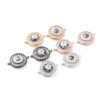 Brass Micro Pave Cubic Zirconia Links Connectors, with Abalone Shell/Paua Shell, Cadmium Free & Nickel Free & Lead Free, Eye, Clear