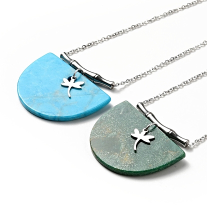 Natürlicher Edelstein halbrund mit Halskette mit Libellenanhänger, 304 Edelstahlschmuck für Damen