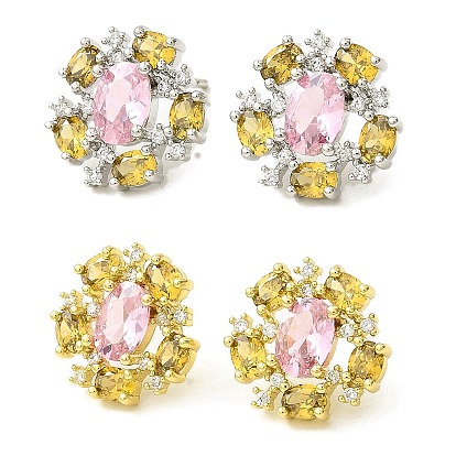 Flower Brass Micro Pave Cubic Zirconia Stud Earrings, Long-Lasting Plated, Lead Free & Cadmium Free