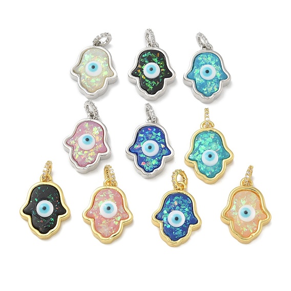 Стойки обшивки латунные подвески, с имитацией опала из смолы и блестками, долговечный, без свинца и без кадмия, Хамса руку с дурным глазом