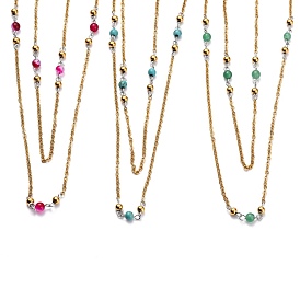 304 Stainless Steel Double Layer Necklaces, with Cable Chains and Natural & Synthetic Gemstone Round Beads