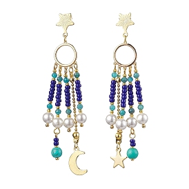 Glass Seed Beads & Shell Pearl Chandelier Earrings, Moon & Star Stainless Steel Tassel Earrings for Women