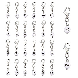 2 наборы акриловых подвесок украшения, с застежками-лобстерами из цинкового сплава и железными накладками, плоско-круглые с алфавитами 