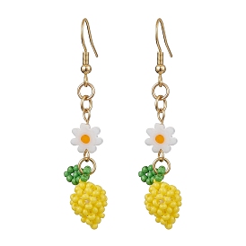 Handmade Glass Seed Beads Dangle Earrings, Lemon, Golden