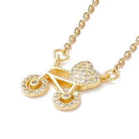 Clear Cubic Zirconia Bicycle and Heart Pendant Necklace, 304 Stainless Steel Jewelry for Women