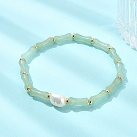 Натуральные бамбуковые браслеты из бусин зеленого авантюрина, эластичные, для женщин., с натуральным культивированным пресноводным жемчугом и плоскими латунными разделительными бусинами., реальный 14 k позолоченный