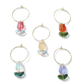 Transparent Glass Tulip Flower Wine Glass Charms, with 316 Surgical Stainless Steel Wine Glass Charms Rings