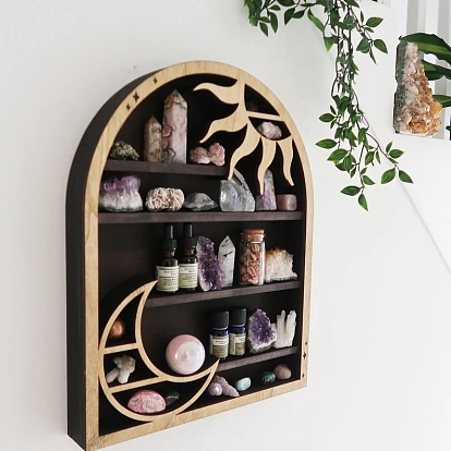 Wooden Shelf for Crystals, Witchcraft Floating Wall Shelf, Arch with Sun & Moon