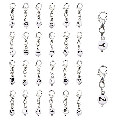 2 наборы акриловых подвесок украшения, с застежками-лобстерами из цинкового сплава и железными накладками, плоско-круглые с алфавитами 