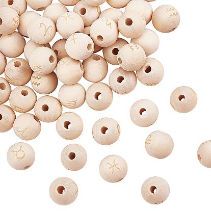76PCS 12 Constellation Unfinished Natural Wood European Beads, Large Hole Beads, Laser Engraved Pattern, Round