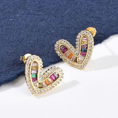 Серьги-гвоздики из латуни с микропаве из кубического циркония для женщин, сердце