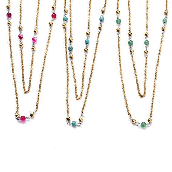 304 двухслойные колье из нержавеющей стали, с тросовыми цепями и круглыми бусинами из натуральных и синтетических драгоценных камней