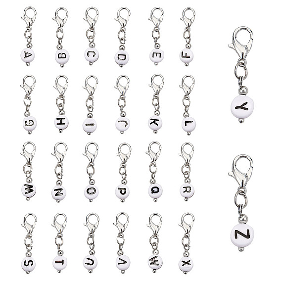 2 наборы акриловых подвесок украшения, с застежками-лобстерами из цинкового сплава и железными накладками, плоско-круглые с алфавитами 