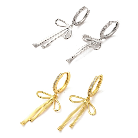 Женские серьги-кольца из латуни с микро-паве и бантом из прозрачного циркония