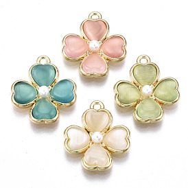 Rack Plating Alloy Pendants, with ABS Plastic Imitation Pearl and Cat Eye, Cadmium Free & Lead Free, Clover, Light Gold