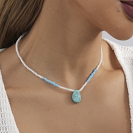 Synthetic Turquoise Teardrop Pendant Necklaces, Glass Seed Beaded Necklaces