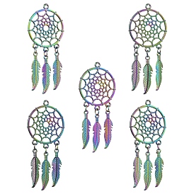 5большие подвески из сплава, плоский круглый с сеткой / паутиной и пером