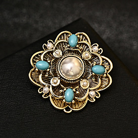 Broche fleur de style baroque pour femme, broches en strass en alliage, avec une perle d'imitation en plastique