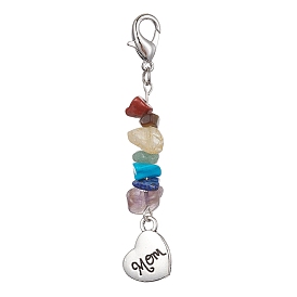Alloy Heart with Word Mom Pendant Decoration, with Chakra Gemstone Chips and Alloy Lobster Claw Clasps