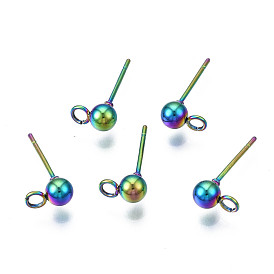 Rack Plating Rainbow Color 304 Stainless Steel Stud Earring Findings, Ball Stud Earring Post, Cadmium Free & Nickel Free & Lead Free