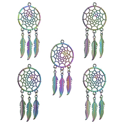 5большие подвески из сплава, плоский круглый с сеткой / паутиной и пером