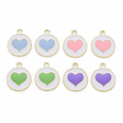 Alloy Enamel Pendants, Light Gold, Cadmium Free & Nickel Free & Lead Free, Flat Round with Heart