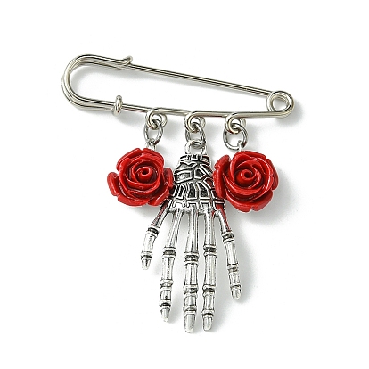 Хэллоуин скелет ручной сплав и синтетический коралловый цветок подвески булавки для юбки, старинное серебро и платина