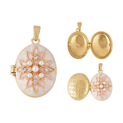 1Кулон-медальон из латуни с микропаве и прозрачными кубическими циркониями, с эмалью, овальные с цветком