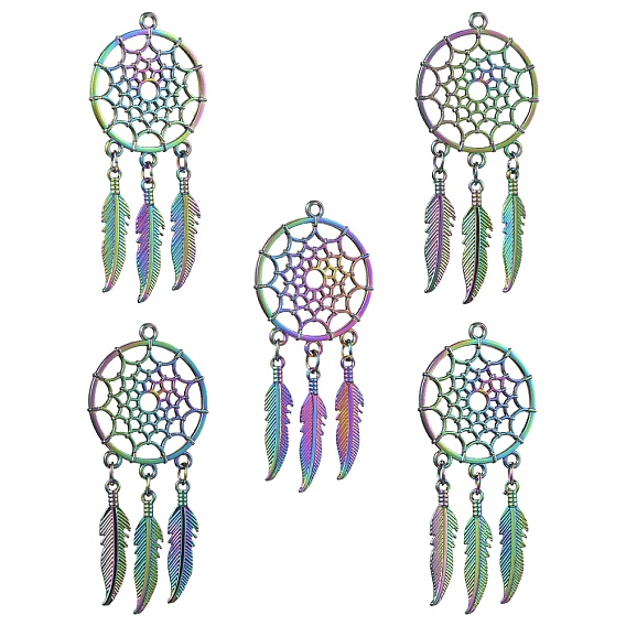 5большие подвески из сплава, плоский круглый с сеткой / паутиной и пером