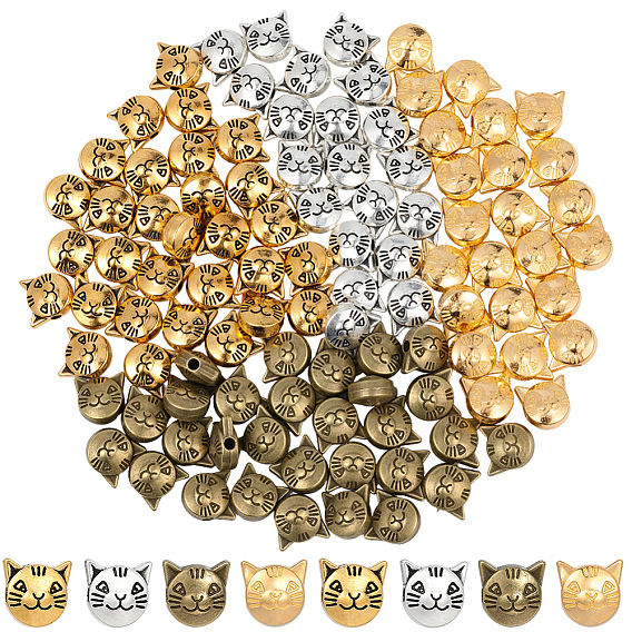 120Pcs 4 Colors Tibetan Style Alloy Kitten Beads, Cat Head, Lead Free & Cadmium Free