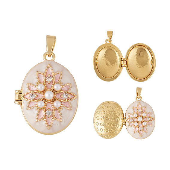1Кулон-медальон из латуни с микропаве и прозрачными кубическими циркониями, с эмалью, овальные с цветком