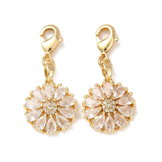 Декоративные подвески из латуни с микропаве в виде цветка и прозрачными кубическими циркониями., с застежкой омар, стойки покрытие, долговечный, без кадмия и без свинца