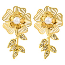 304 Stainless Steel Micro Pave Clear Cubic Zirconia Flower Stud Earrings for Women, with ABS Plastic Pearl